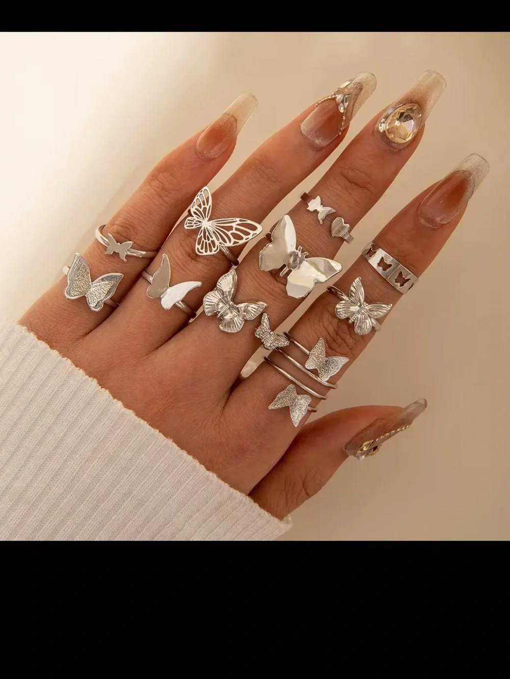 Silver Butterfly Stackable Rings Set - Women's Jewelry